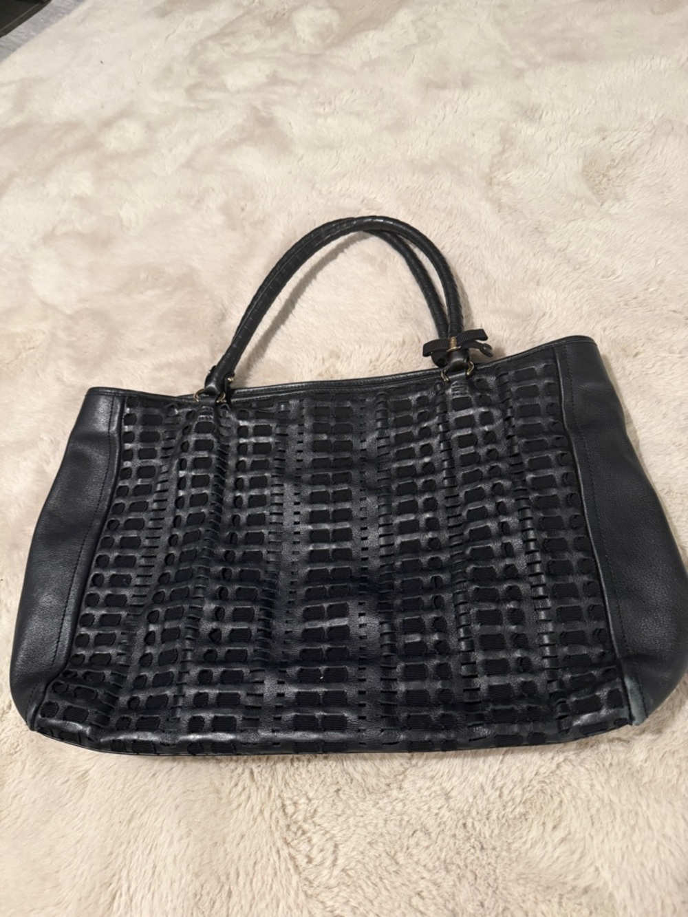Excellent Vintage Salvatore Ferragamo Black Woven Leather Tote—Rare!